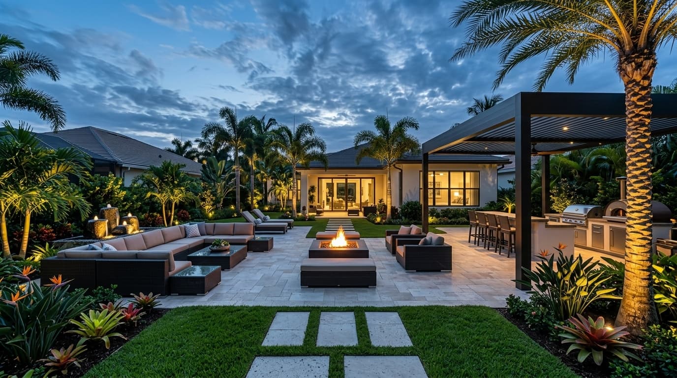 Luxury hardscape outdoor living space with patio and outdoor kitchen
